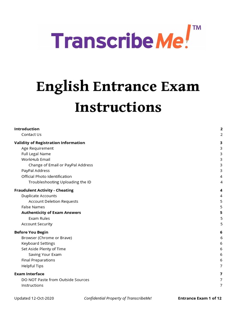 English Entrance Exam Guidelines | PDF | Identity Document | Test ...