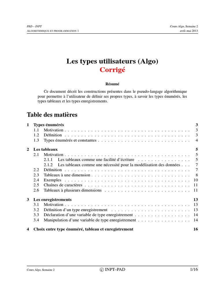 Types Utilisateurs en Algorithmique | PDF | Tableau (structure de ...