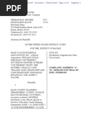 Complaint, Maui Vacation Rental Ass'n v. Maui County Planning Dep't., No. 20-cv-00307-JAO (D. Haw. July 10, 2020)