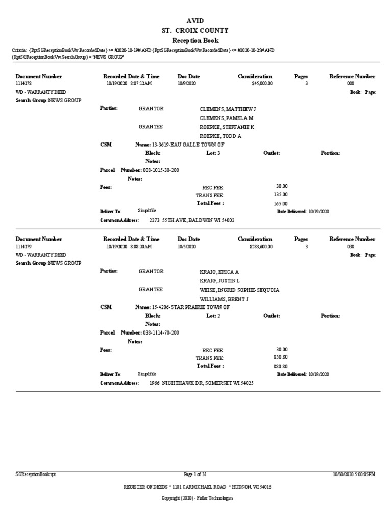 St. Croix County Property Transfers For Oct. 1925, 2020 PDF Deed