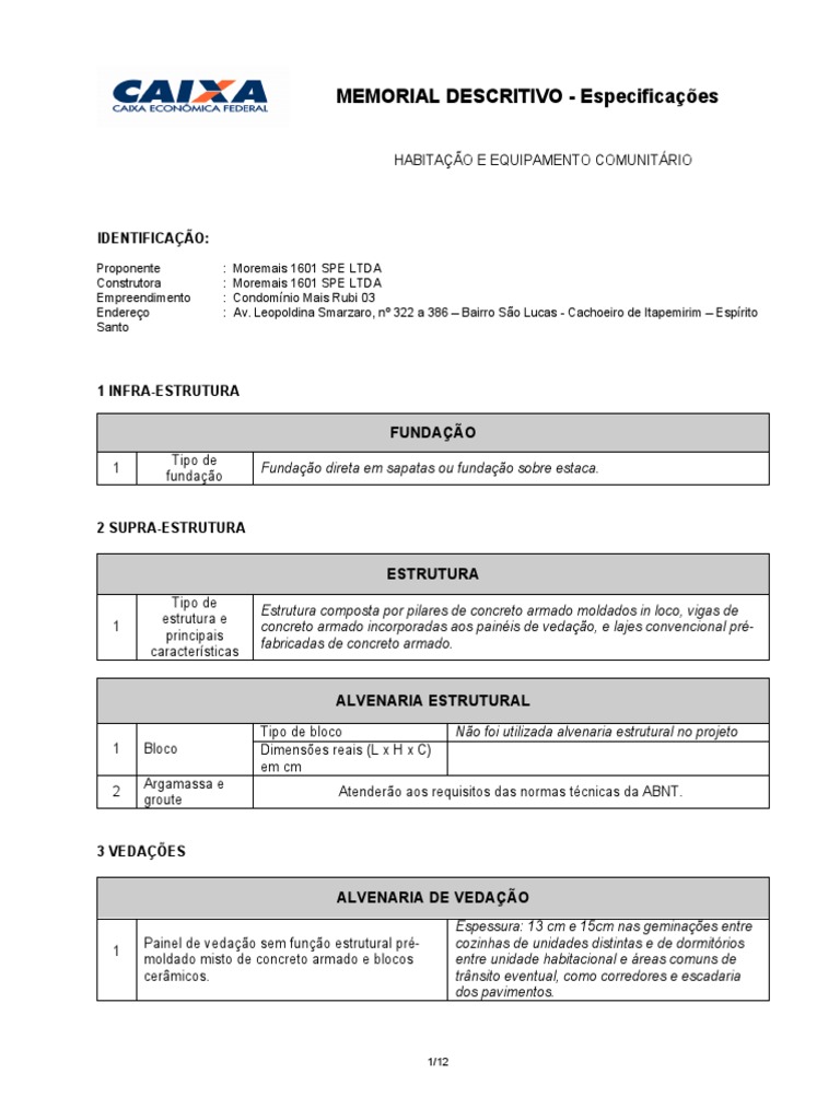 Memorial Descritivo do Condomínio Mais Rubi | PDF | Argamassa ...