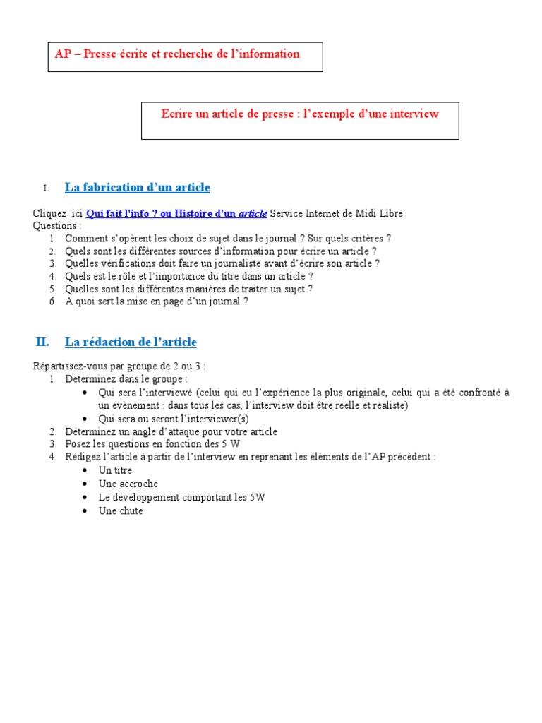 écrire un article de presse à pârtir d'une interview