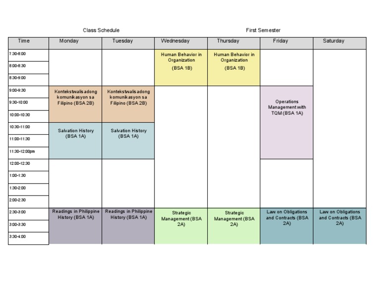 Class Schedule First Semester Time Monday Tuesday Wednesday Thursday ...