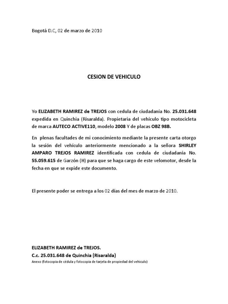Carta de Cesión de Derechos de Motocicleta | PDF | Derecho