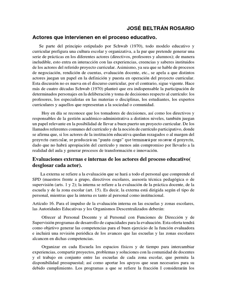 Actores en el Proceso Educativo | PDF | Plan de estudios | Evaluación