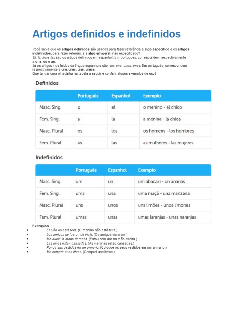 Artigos Definidos e Indefinidos em Espanhol | PDF | Artes Linguísticas ...