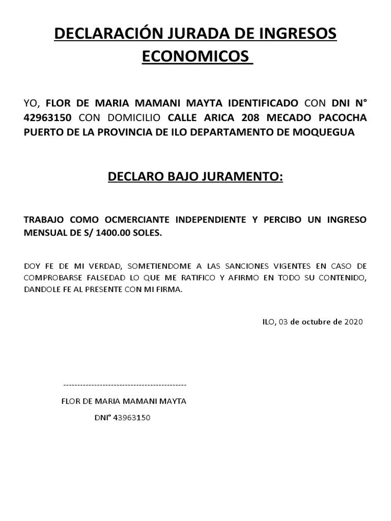 Declaración Jurada de Ingresos Económicos | PDF | Gobierno | Justicia