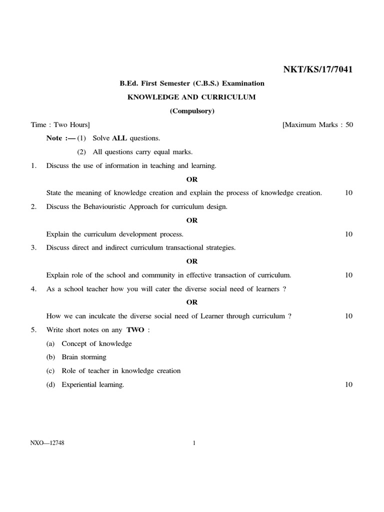 B.Ed. First Semester (C.B.S.) Examination Knowledge and Curriculum