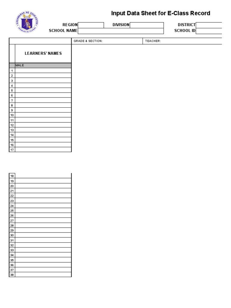 E-Class Record Input Data Sheet | PDF | Learning | Behavior Modification