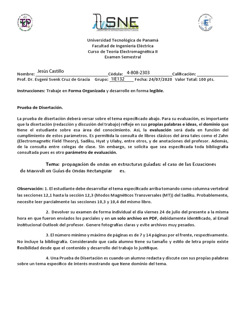 Examen Semestral TEM II JESUS CASTILLO 4-808-2303 | PDF | Enseñanza de ...