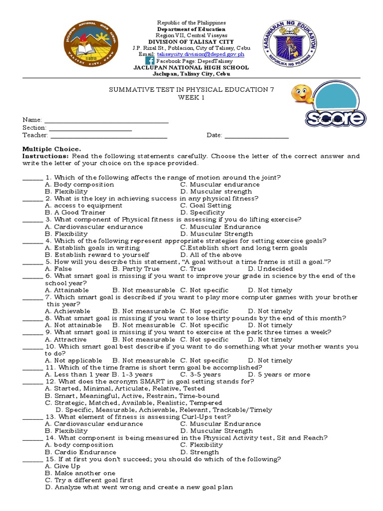 Assessing Physical Fitness A Summative Test on Components of Fitness, Goal Setting, and Smart