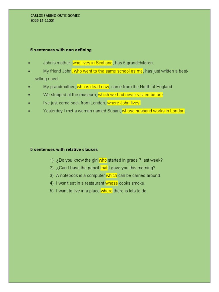 5 Sentences With Non Defining | PDF