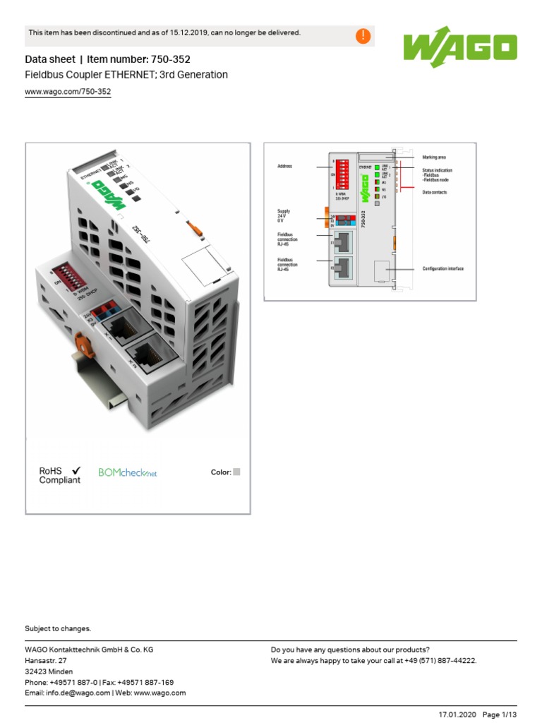 Data Sheet - Item Number: 750-352 Fieldbus Coupler ETHERNET 3rd ...