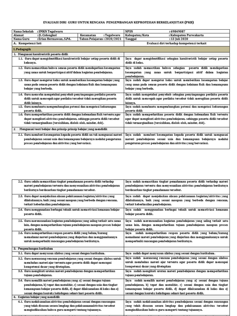 Evaluasi Diri Guru untuk PKB 2020/2021 | PDF | Karier & Perkembangan
