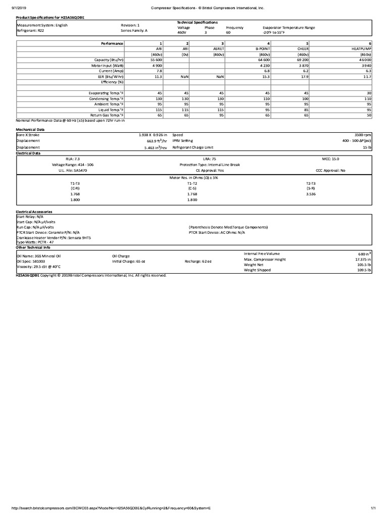 Compressor Specifications © Bristol Compressors International, Inc