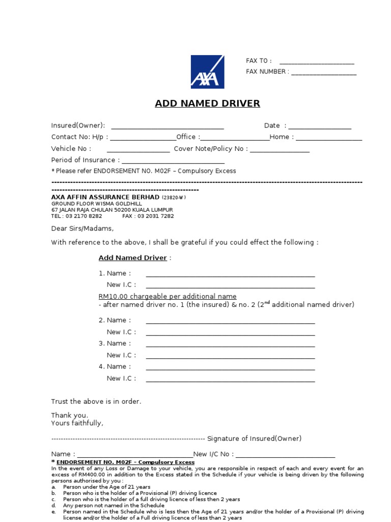 Add Named Driver Request Form | PDF | Vehicle Operation | Driver's License