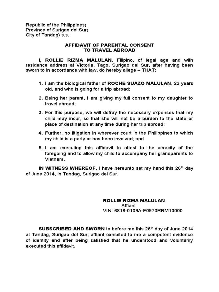 Affidavit of Parental Consent | PDF | Affidavit | Public Law