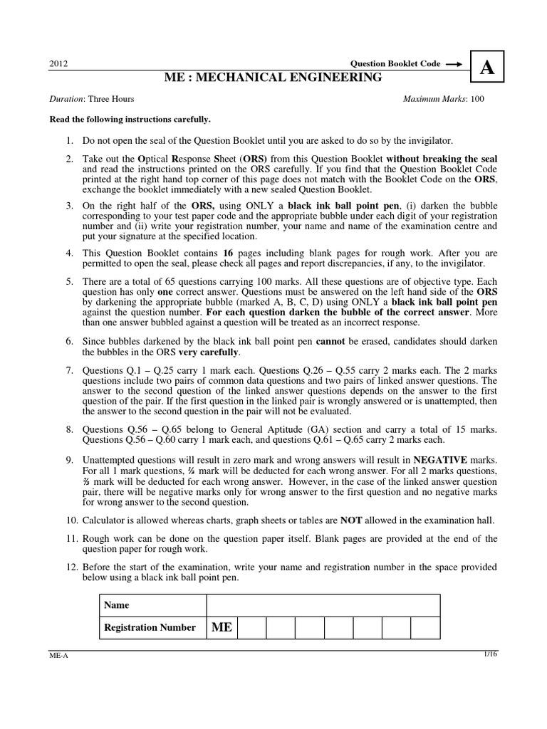 GATE 2012 Paper For Mechanical Engineering-ME PDF | PDF