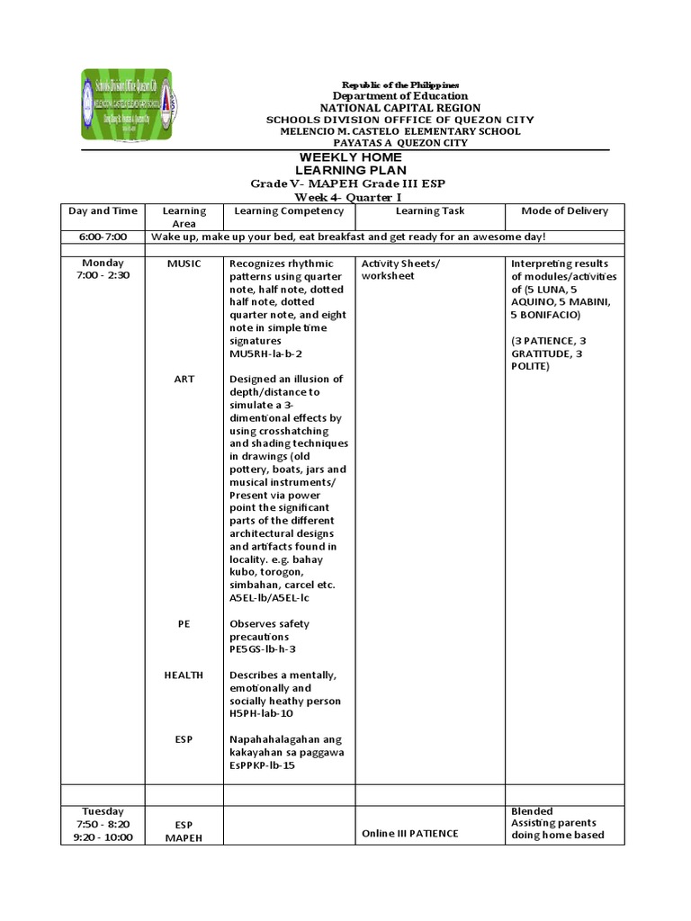 Weekly Home Learning Plan: Grade V MAPEH | PDF | Psychological Concepts ...