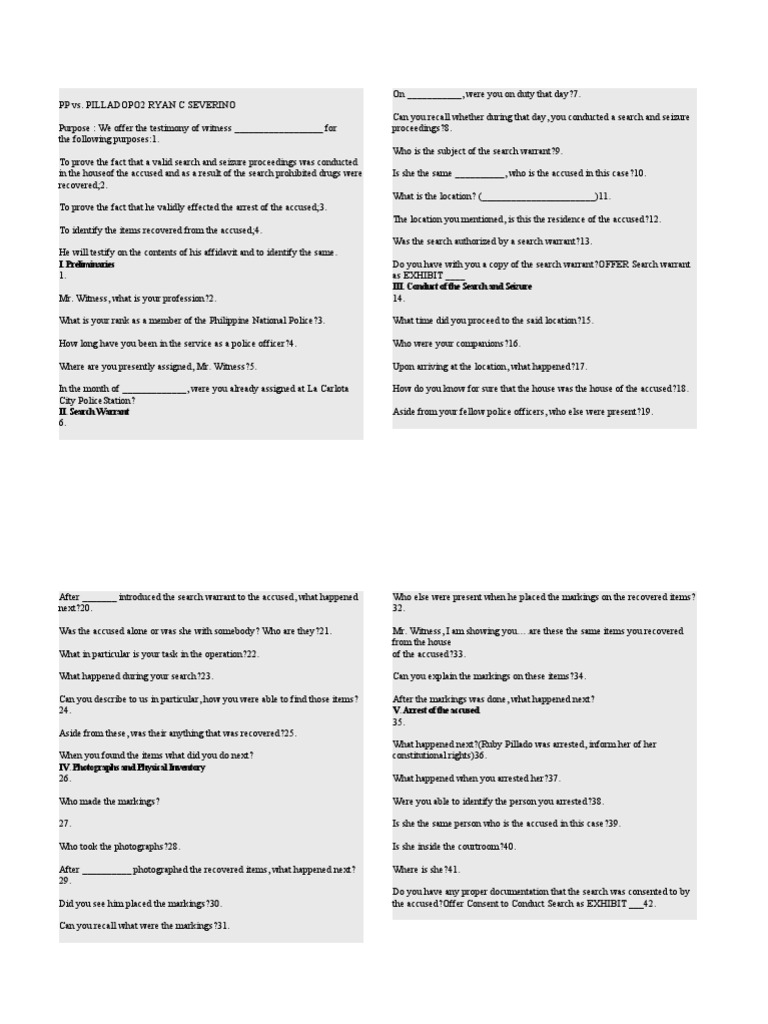 Direct Exam Questions PDF Arrest Warrant Search Warrant