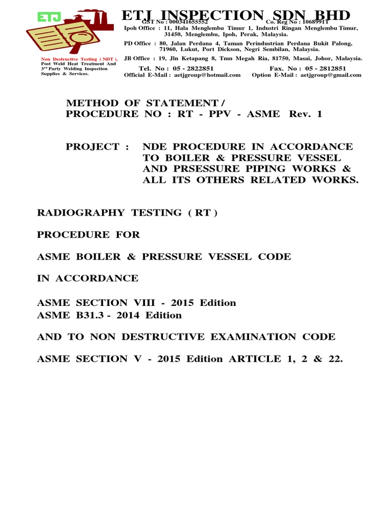 Radiographic Testing Procedure for NDT | PDF | Nondestructive Testing ...