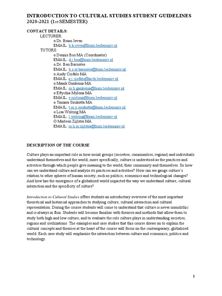Cultural Studies Course Guidelines 2020-21 | PDF | Lecture | Cultural ...