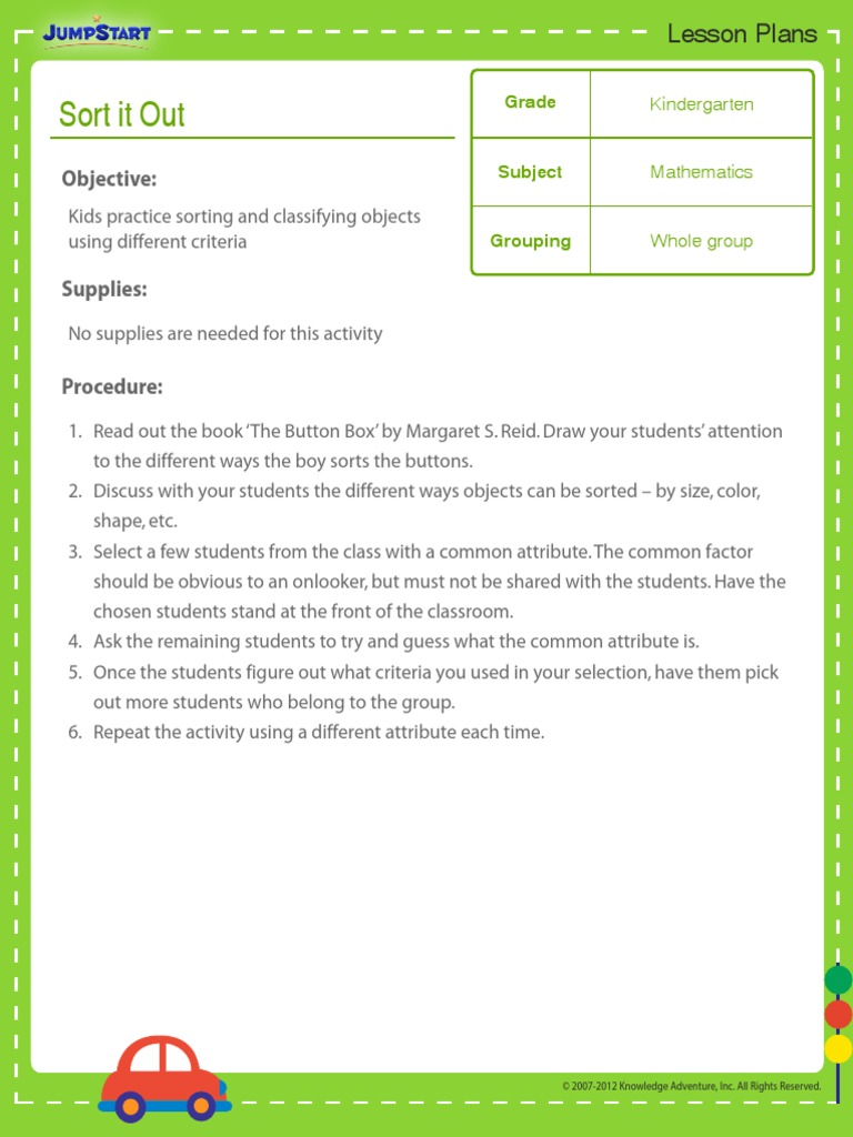 Kindergarten Sorting Lesson Plan | PDF