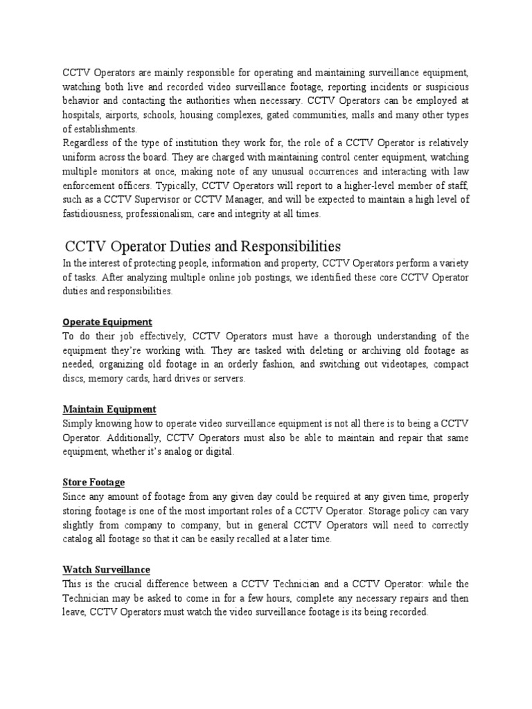 CCTV Operator Duties and Responsibilities | PDF | Closed Circuit ...