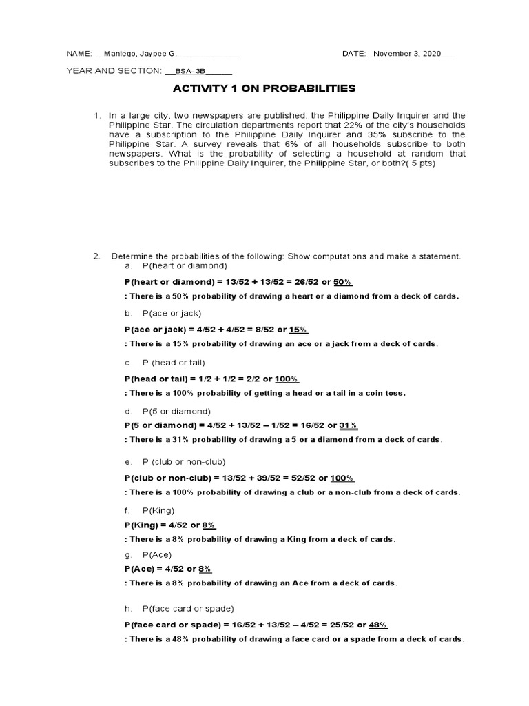 Activity 1 On Probabilities | PDF | Playing Cards | Toys