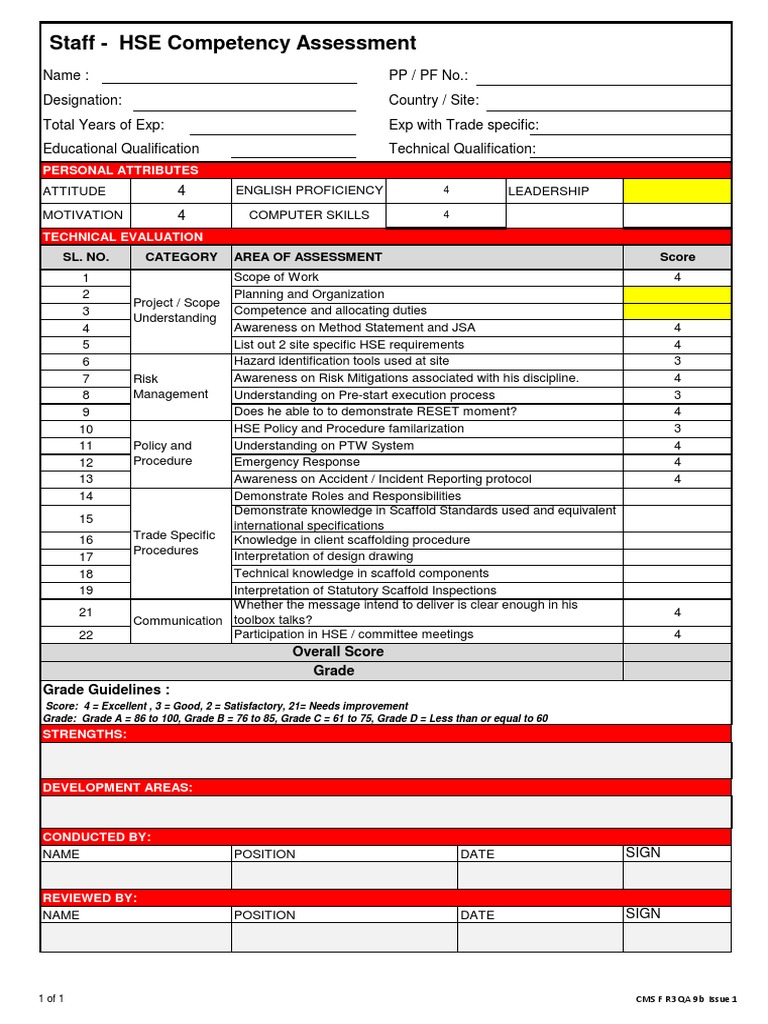 HSE Staff Competency Assessment Form | PDF | Competence (Human ...