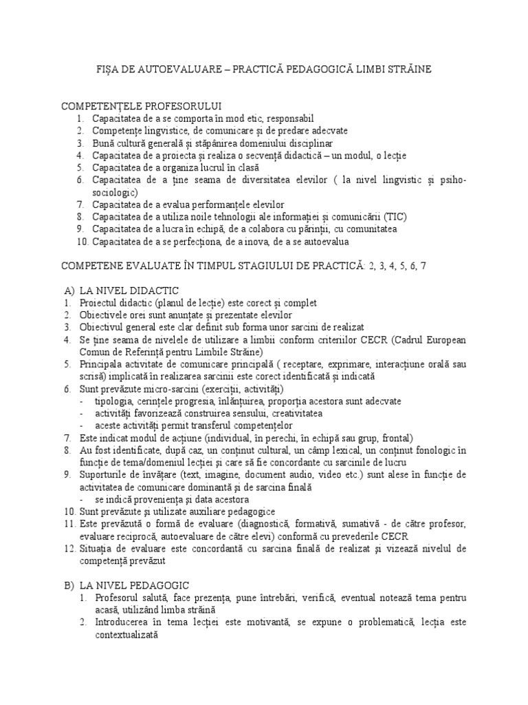 Fișa de Autoevaluare Practică Pedagogică | PDF