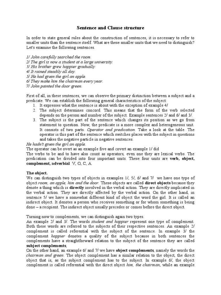 Sentence and Clause Structure: Complement, Adverbial V, O, C, A. The ...