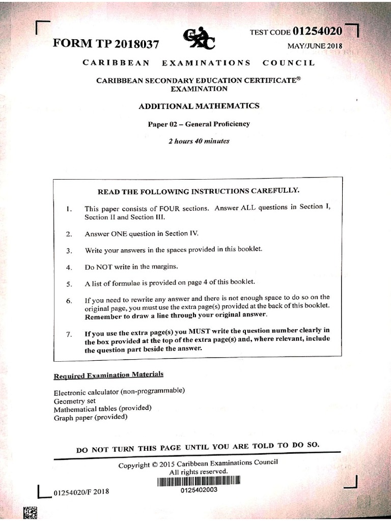 Csec Add Maths 2018 Paper 2 | PDF