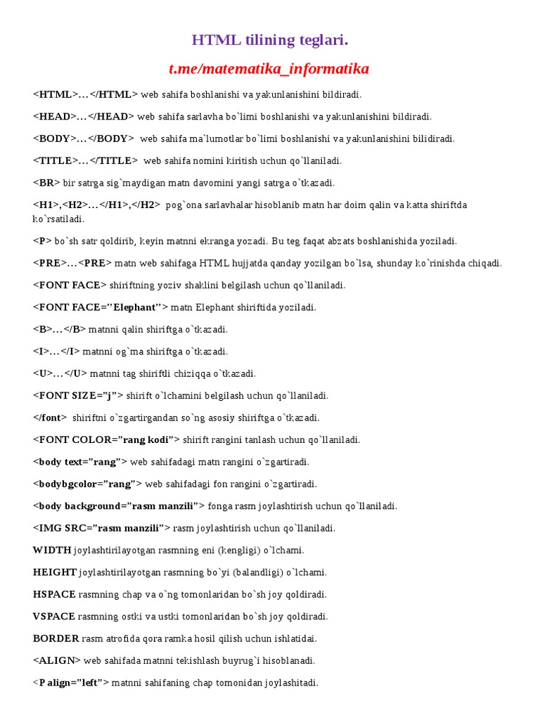 html kodlari uzbek tilida