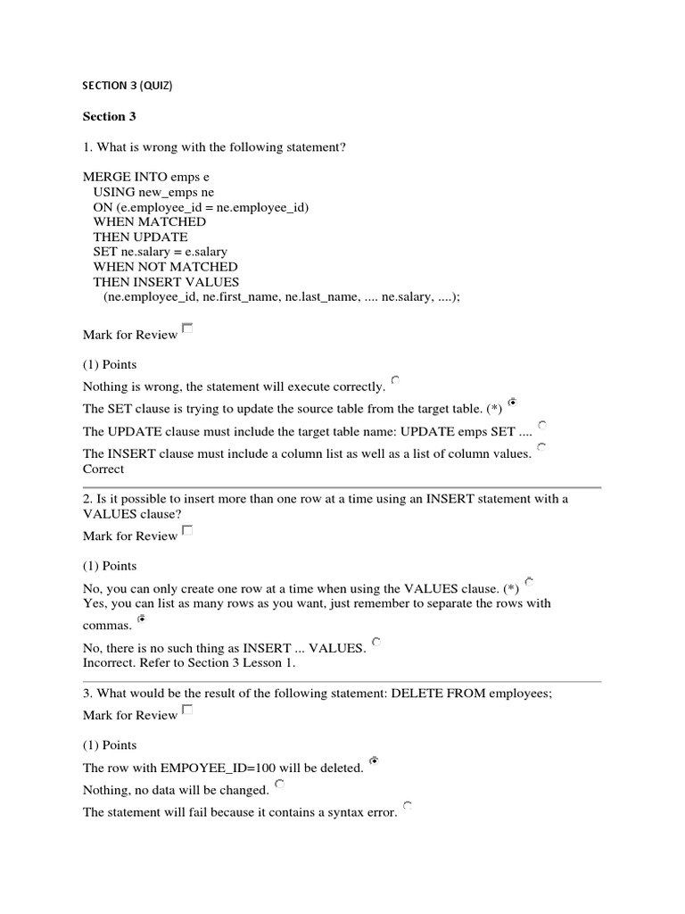 Section 3 Quiz: SQL Statements | PDF | Pl/Sql | Software Engineering