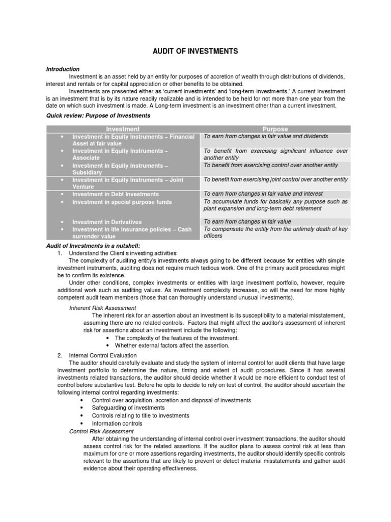 Investment Audit Procedures Overview | PDF | Internal Control | Audit