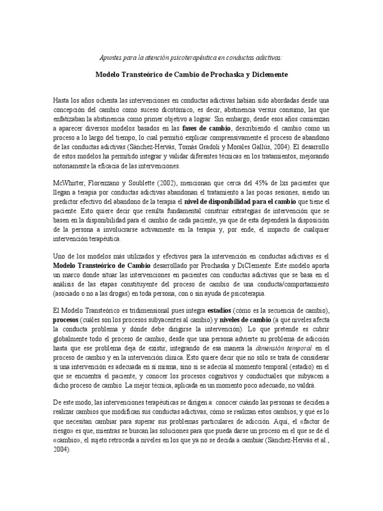 Apuntes Modelo Transteórico de Cambio | PDF | Psicoterapia | La dependencia  de sustancias