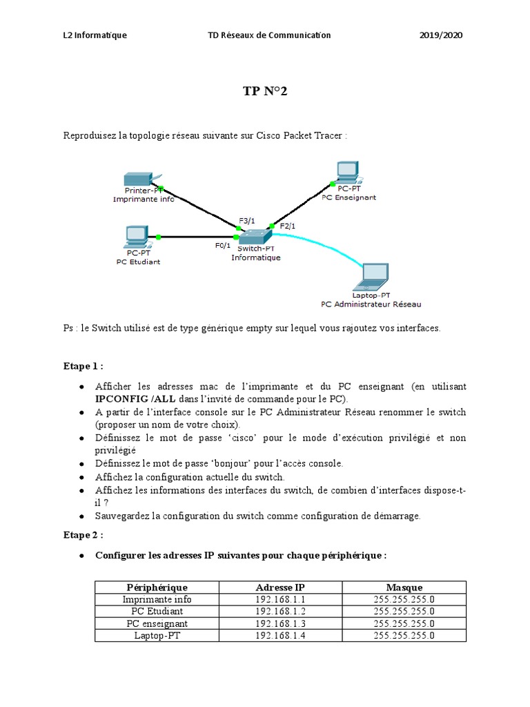 Configuration d'un Réseau sur Packet Tracer | PDF