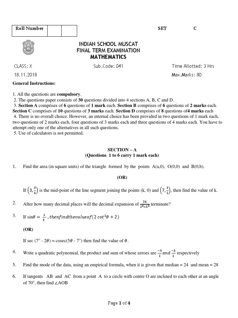 Class X Mathematics Final Exam Paper | PDF | Elementary Mathematics ...