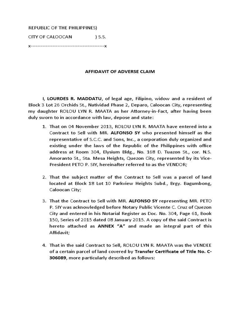 Affidavit of Adverse Claim in Caloocan | PDF | Justice | Crime & Violence