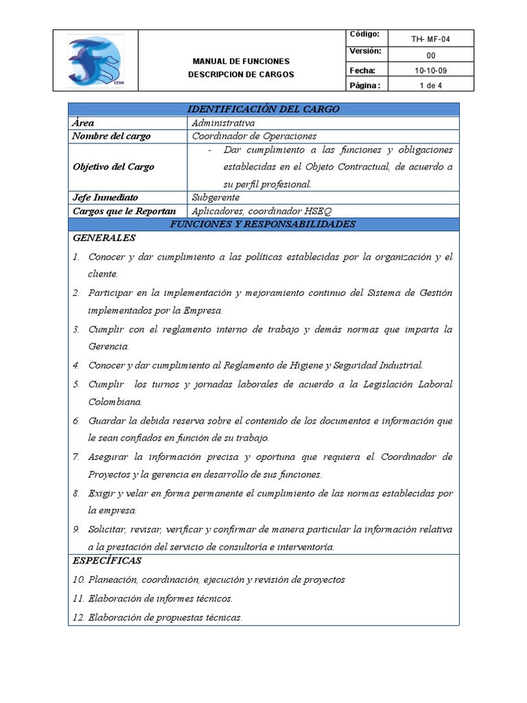 04 Coordinador de Operaciones | PDF | Planificación | Seguridad y salud ...