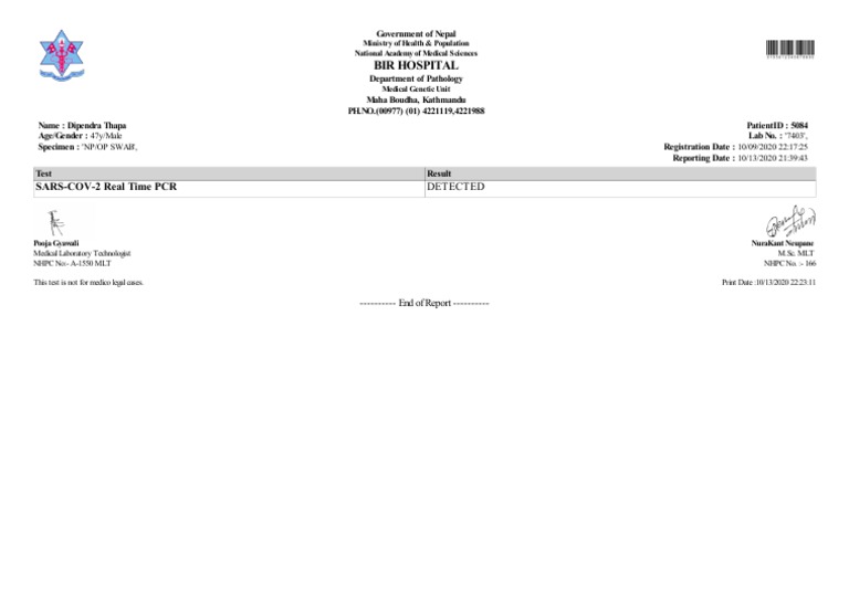 COVID-19 PCR Test Result - Detected | PDF
