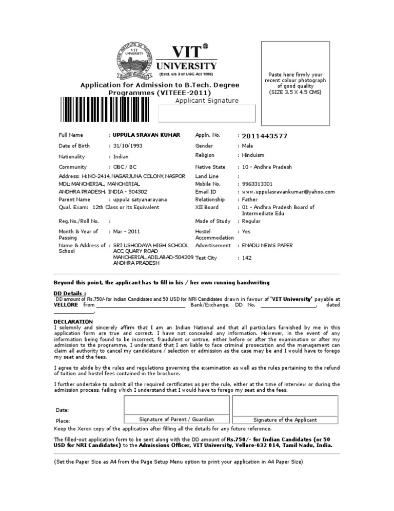 B.Tech Admission Application Form VIT 2011 | PDF