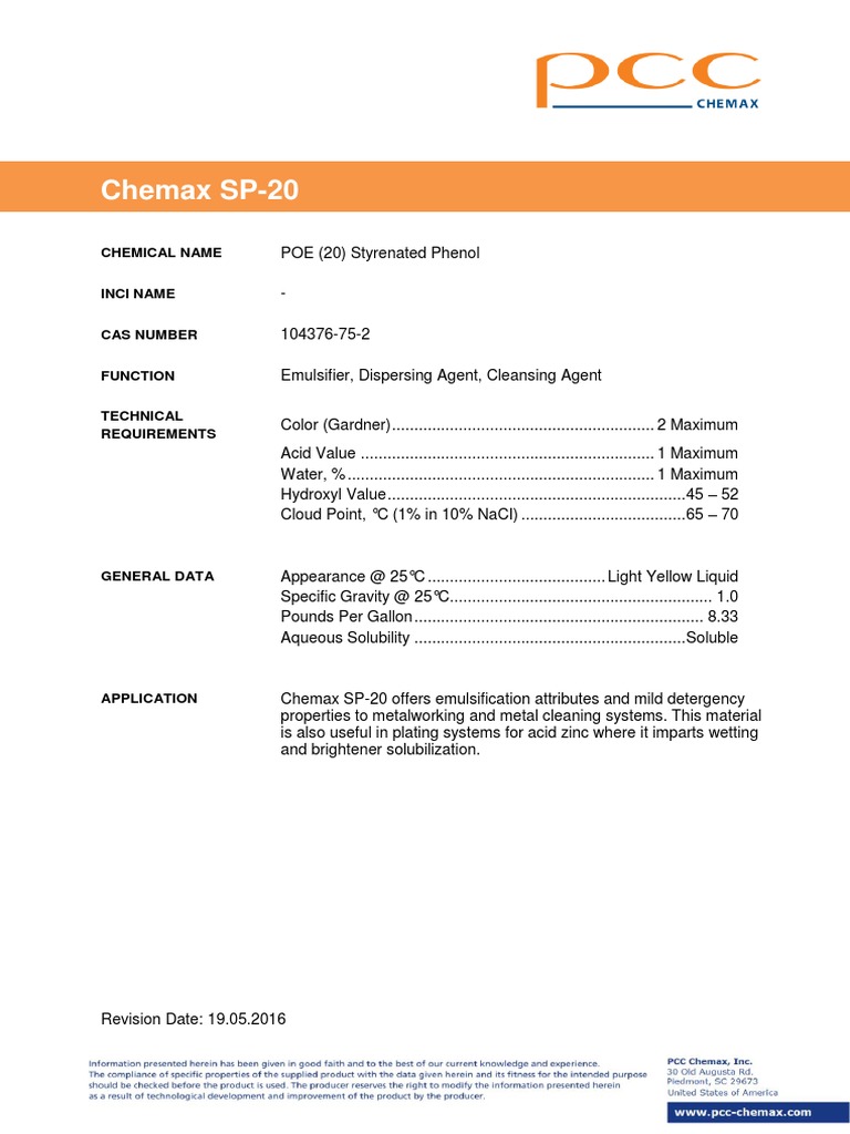 Chemax SP-20: Emulsifier & Dispersant | PDF | Cooking, Food & Wine ...