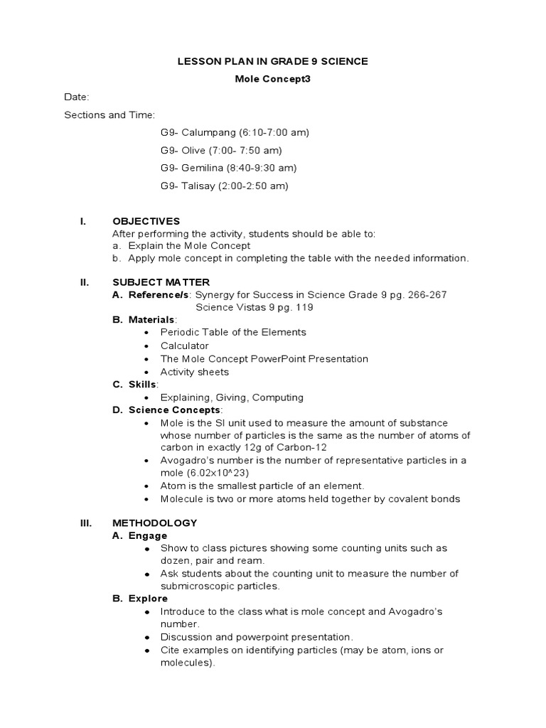 Mole Concept Lesson Plan | Download Free PDF | Mole (Unit) | Sodium ...