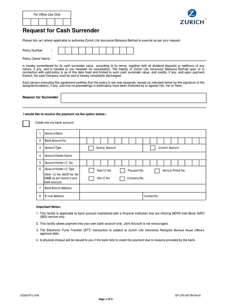 ZLIMB Request For Cash Surrender Form ENG 29032019 | PDF | Taxpayer | Banks