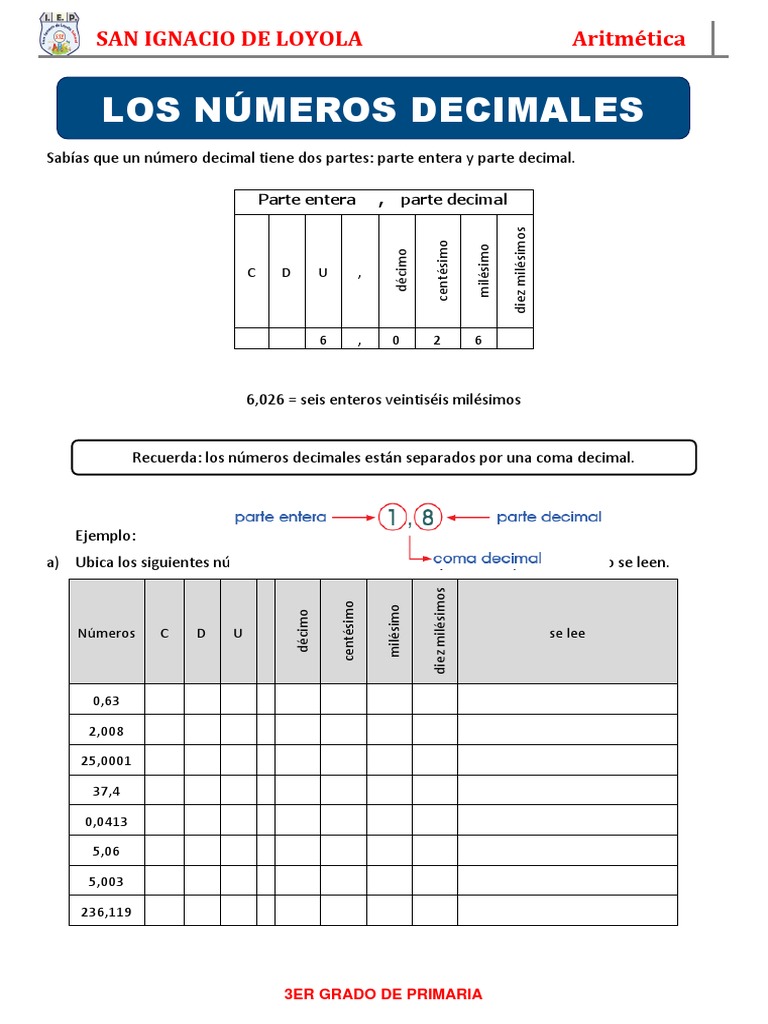 Números Decimales para 3er Grado | PDF | Decimal | Notación Matemática