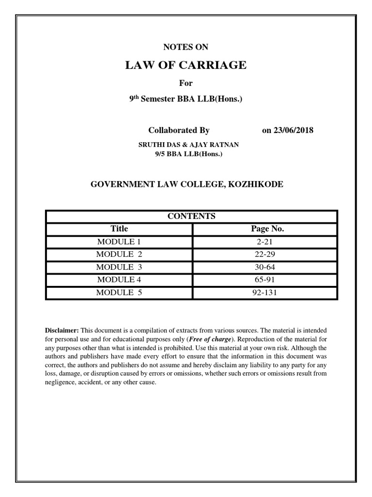 Notes On Law of Carriages PDF Common Carrier Negligence
