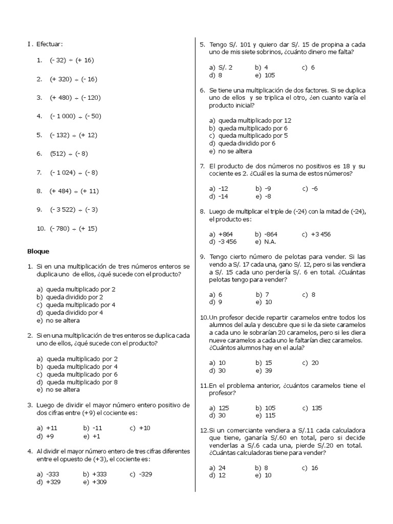 13-09 Ejercicios de Multiplicacion y Division de Numeros Enteros | PDF ...