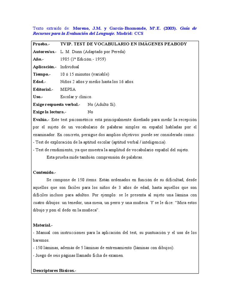 TVIP (Test de Vocabulario en Imágenes Peabody) | PDF